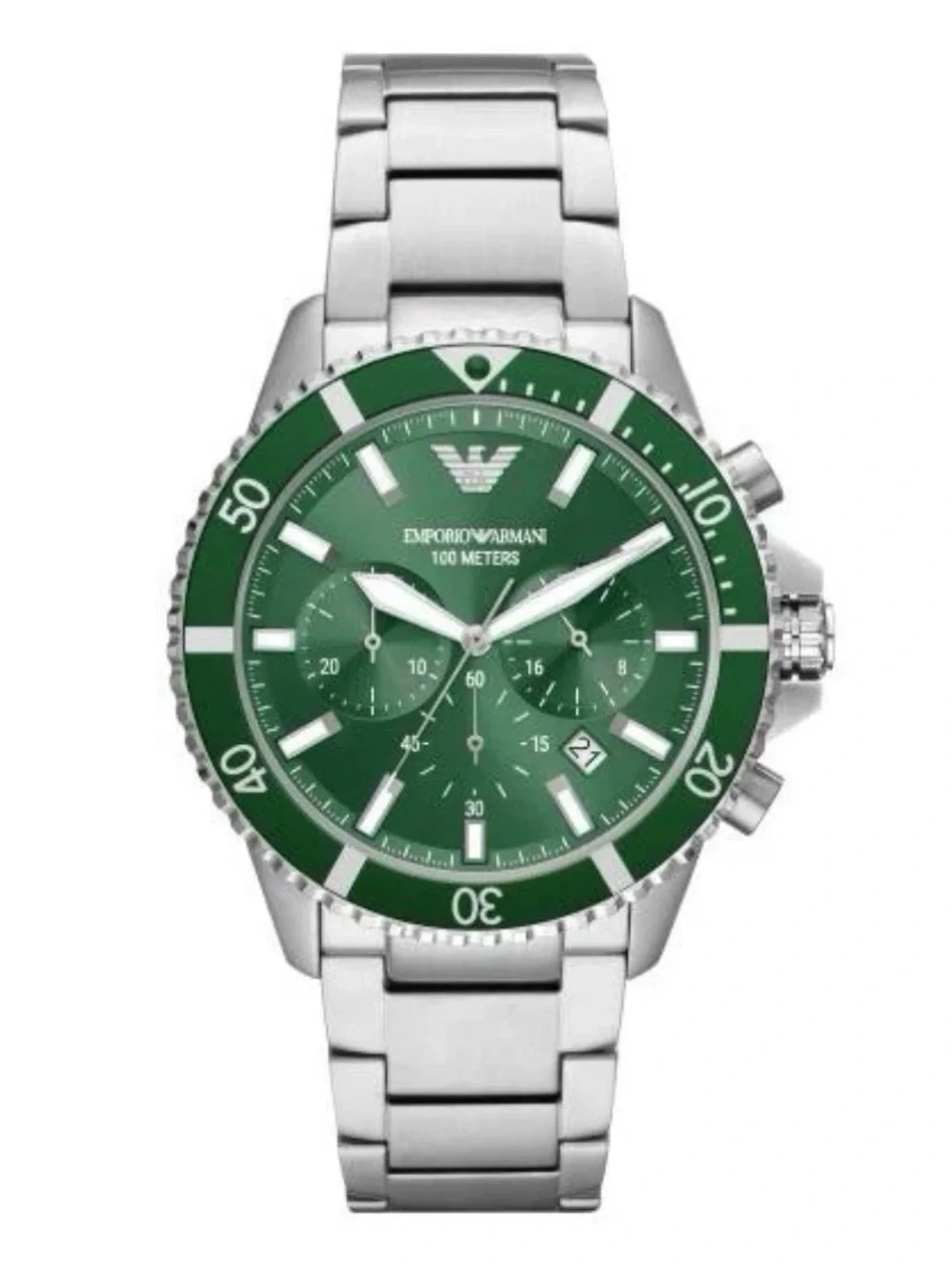 Emporio Armani Stainless Steel Chronograph Watch with Green Dial and Bezel Mens